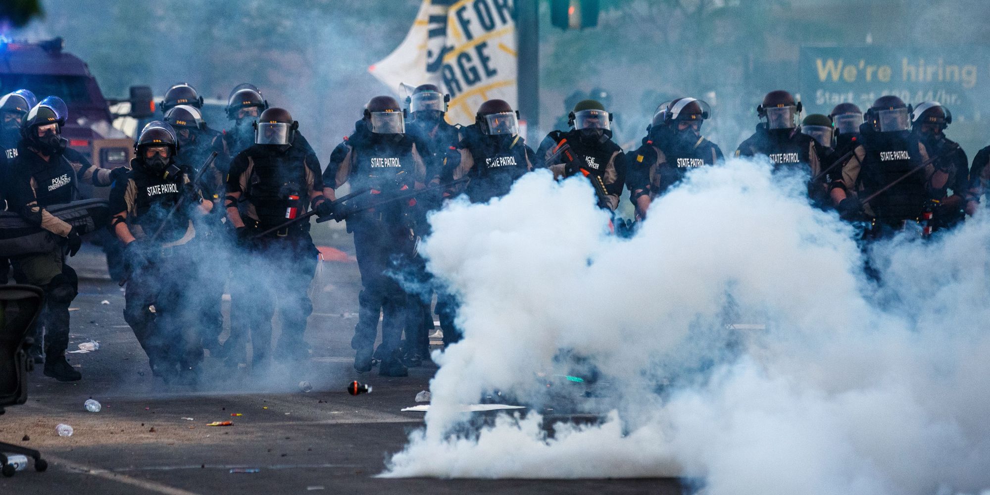 Officers in riot gear at a demonstration on May 30 to call for justice for George Floyd, a black man who died while in custody of the Minneapolis police, in Minneapolis, Minn. 