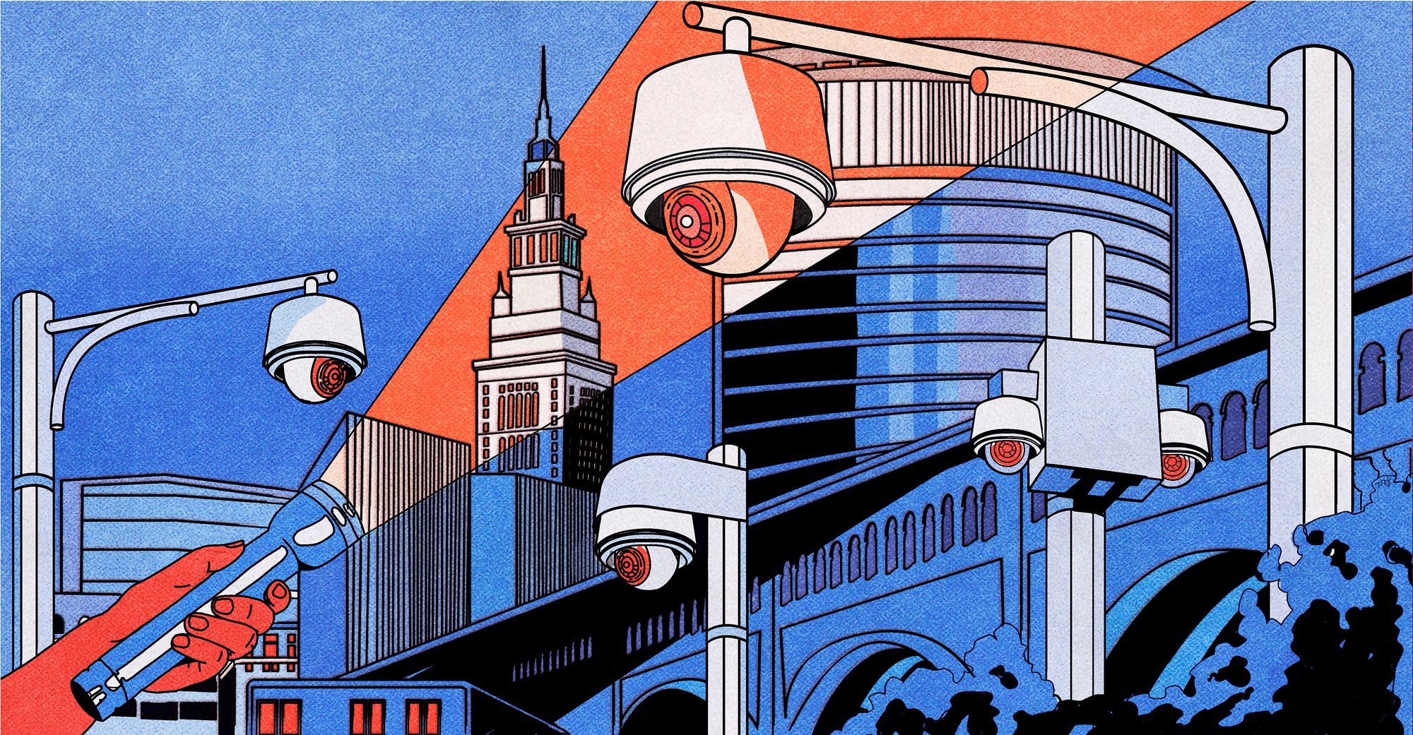 An illustration shows a person using a flashlight to shine light on a security camera. Buildings and additional security cameras are featured in the background. 