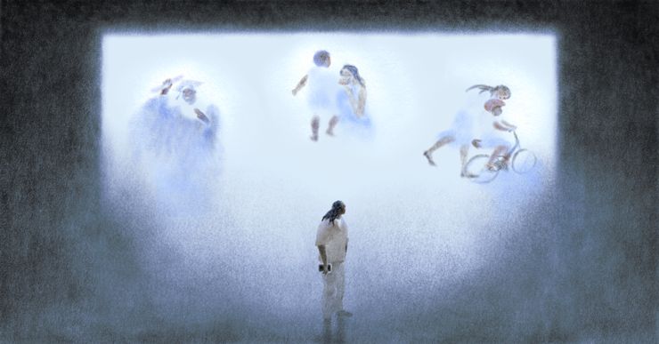 A Black man wearing a tan prison uniform holds a tablet while looking up at light, faded images of family members. On the left is a person in a graduation gown, in the center is a child running to a woman, and on the right is a woman helping a child ride a bicycle.