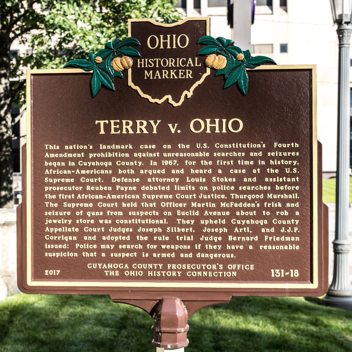 A brown historical marker with the words “TERRY v. OHIO” at the top center of the plaque. Underneath is a short history of the Terry v. Ohio case.