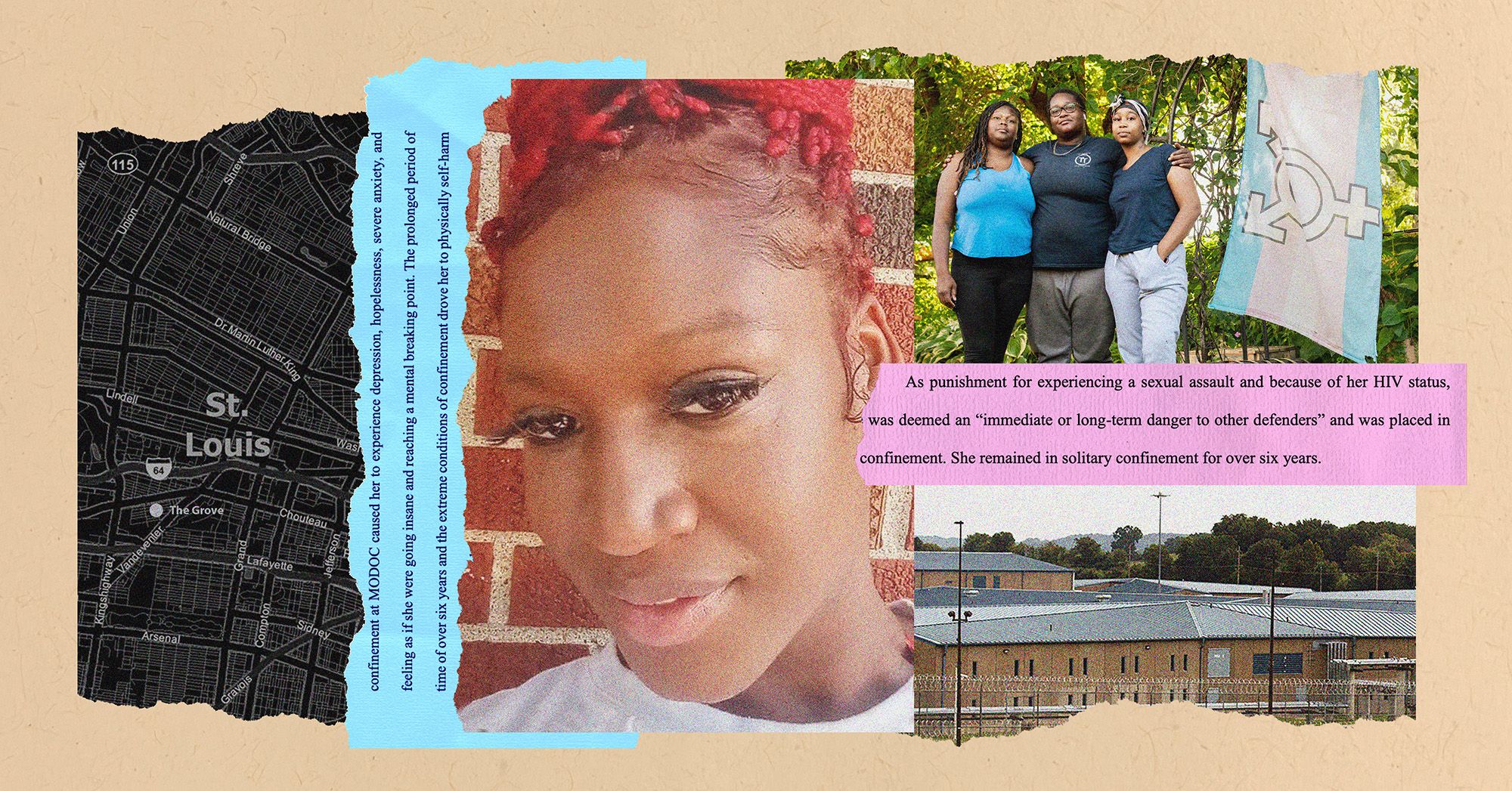 A collage shows a map of St. Louis, text from a lawsuit, a picture of a Black transgender woman with red braids, a portrait of three Black women standing next to a transgender flag and a picture of a prison. 