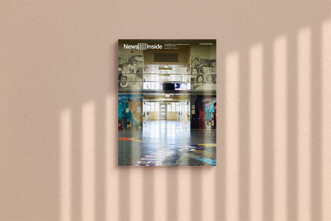 A magazine called News Inside set against a grainy tan backdrop. Light refracted through prison bars shines onto the magazine.
