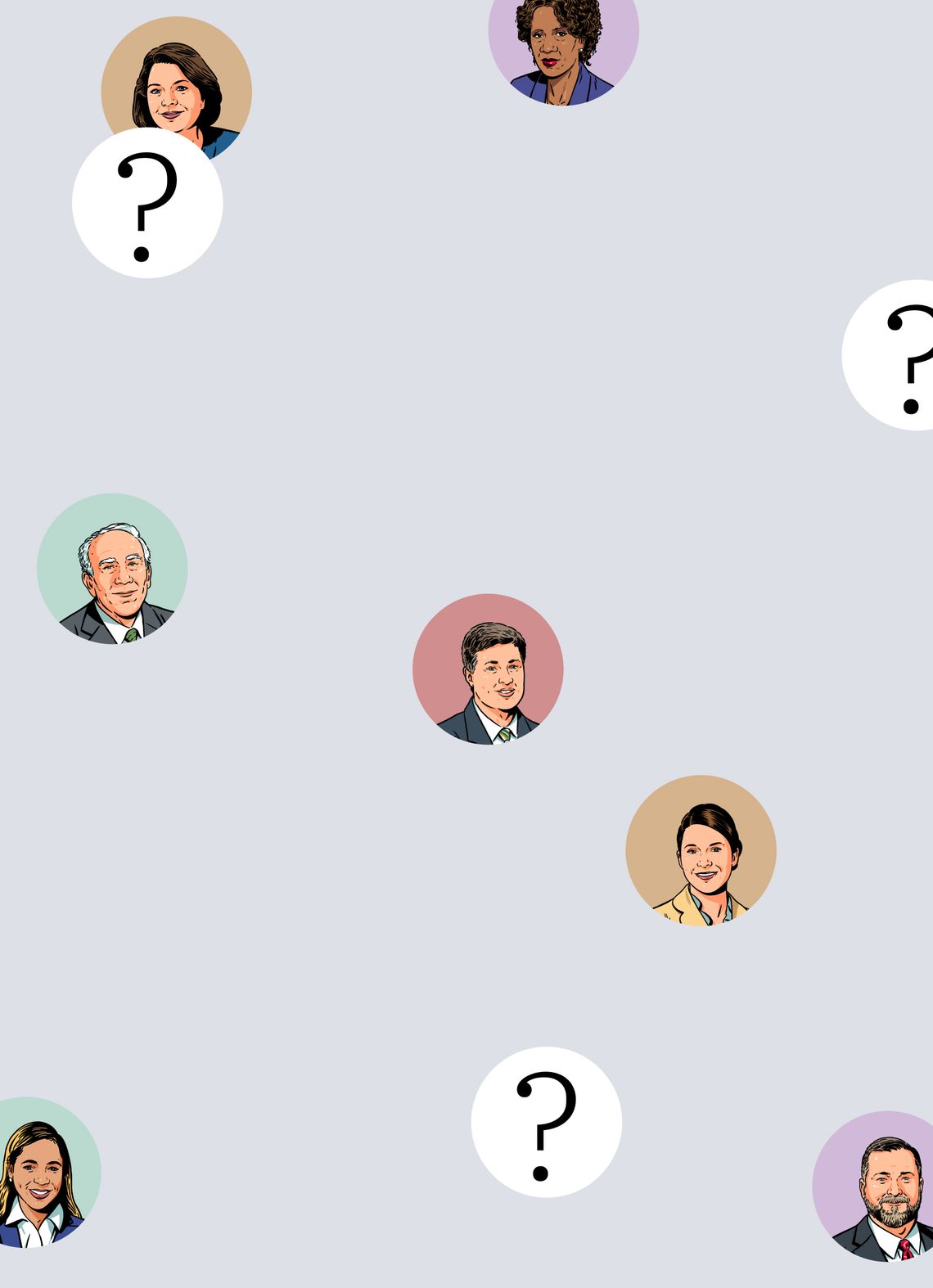 An illustration shows circles with portraits of seven judges and three question marks. 