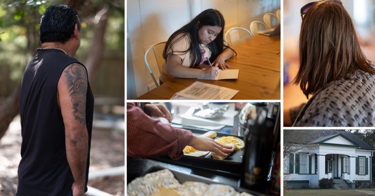 A combination of four photos shows, clockwise from left, a man facing away from the camera, with medium-toned skin and short dark hair, wearing a black tank top, and with tattoos on his right arm; a woman with medium-toned skin and long dark hair, wearing a peach-colored top, sitting at a table while writing on a card; a woman facing away from the camera with medium-length brown hair and sunglasses on her head; a white house with green trimming and shutters; and a person's hand over a griddle folding a tortilla.