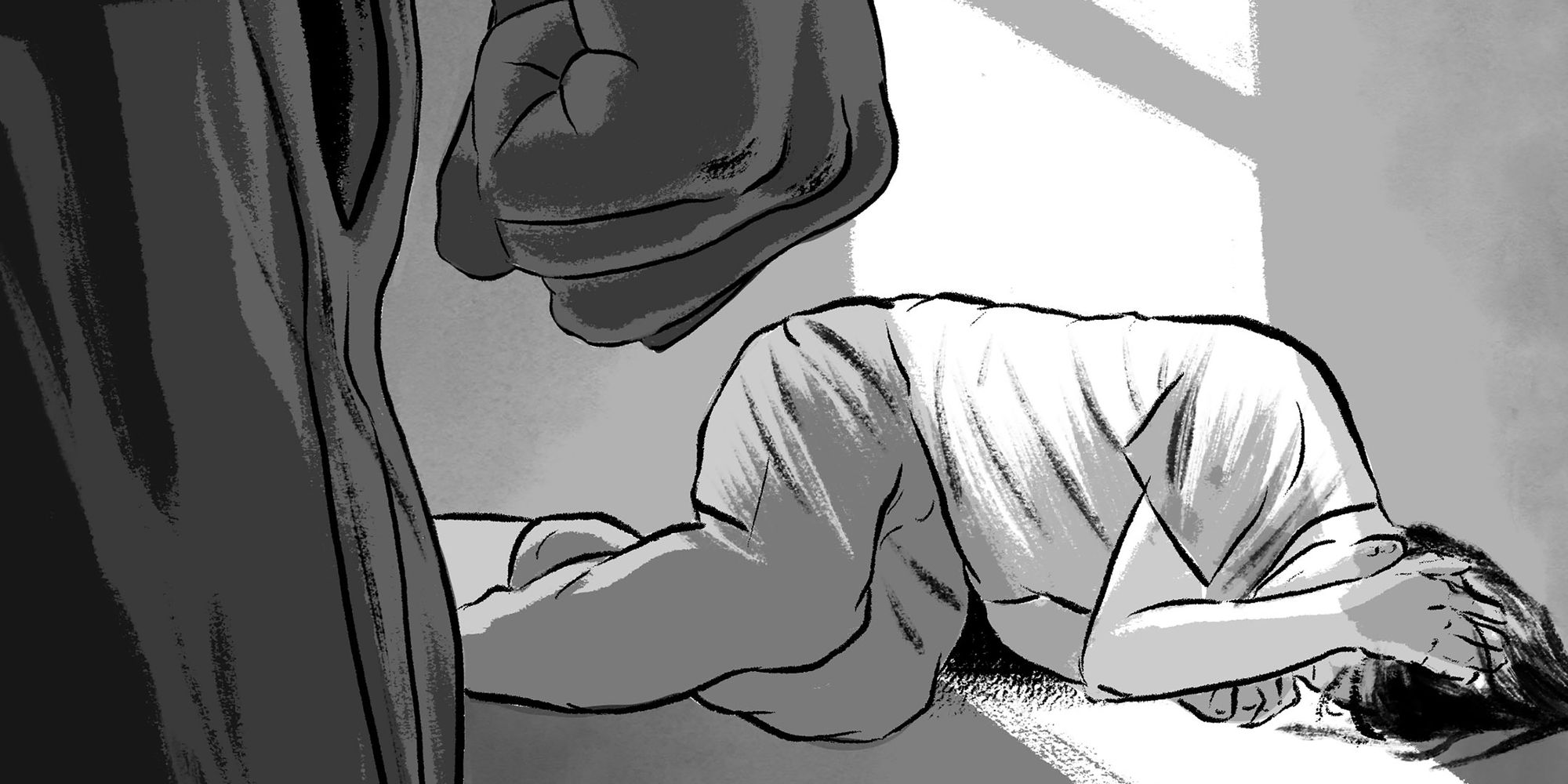 An illustration in black-and-white shows a trans person, lying on the ground in a fetal position, with one hand over their face. A figure looms in the foreground with a closed fist.