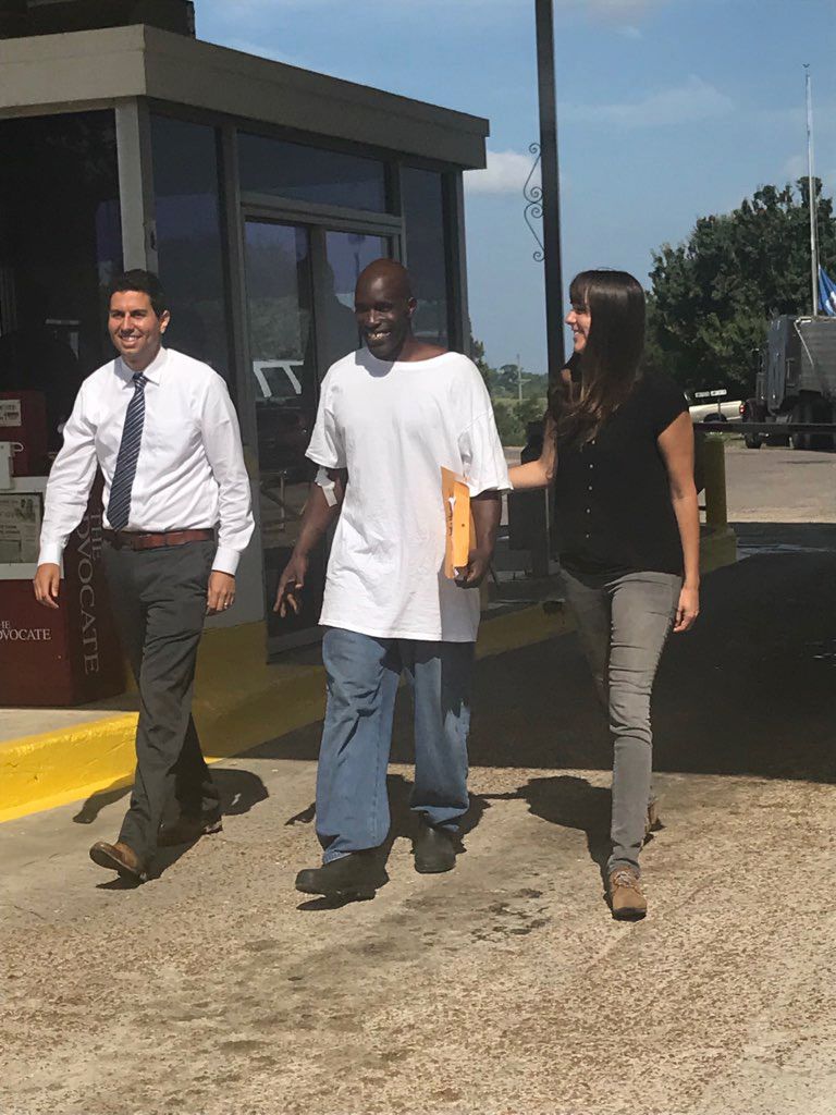 Corey Williams with Amir Ali and Blythe Taplin, two of his lawyers, leaving Louisiana State Penitentiary in Angola, La., on Tuesday. 