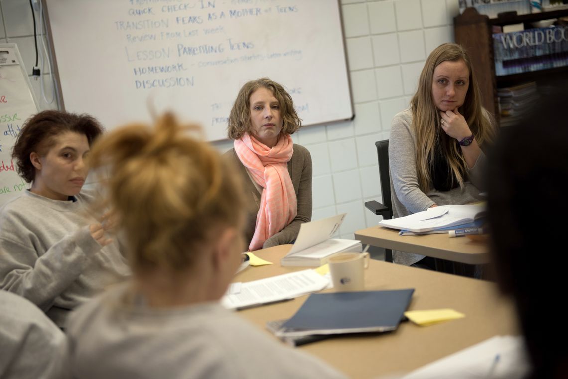 Doulas Rae Baker and Erica Gerrity, left, teaching a parenting class at the Hennepin County Adult Corrections Facility in Plymouth, Minn., in February.