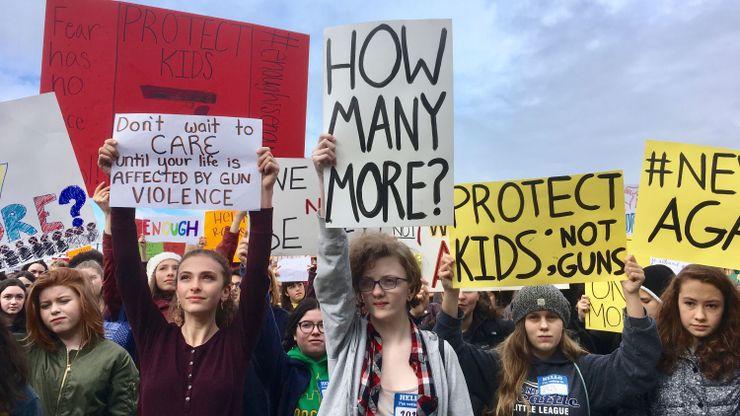 Students at Roosevelt High School take part in a protest in Seattle against gun violence, following the Parkland, Fla., school shooting that killed more than a dozen teenagers.  