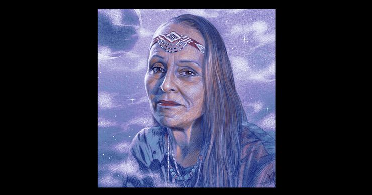 An illustration shows a portrait of an older Indigenous woman, wearing a red and white tribal headband, beaded necklaces and shirt. Clouds and a purple moon are in the background.