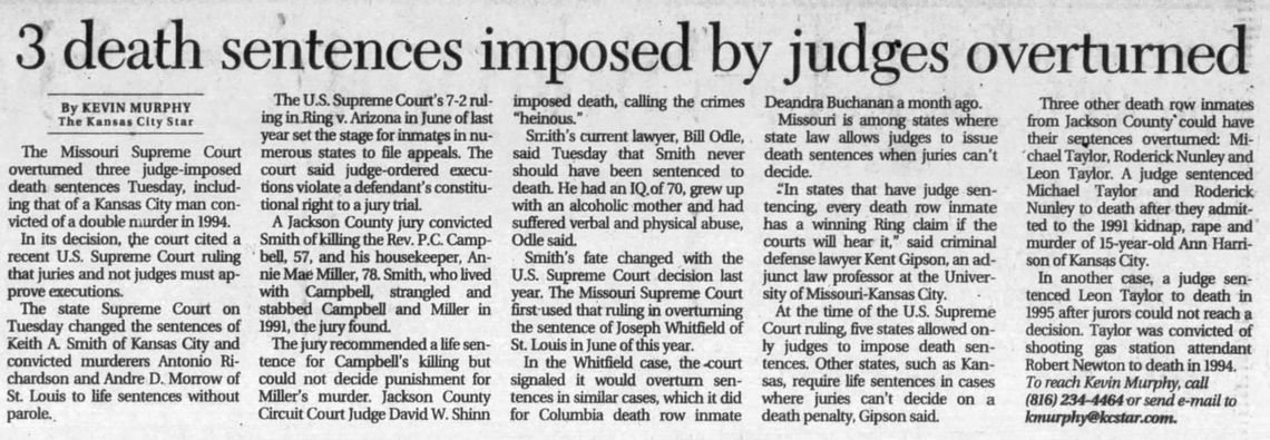 A Kansas City Star news clipping cites the Missouri Supreme Court overturning three death sentences imposed by judges. 