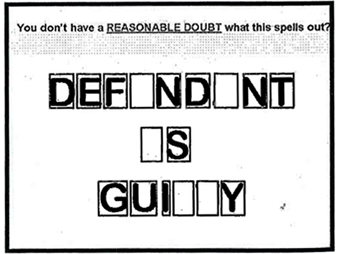 An example of how to visualize the concept of “reasonable doubt,” from page 110 of the book published by the NDAA. 