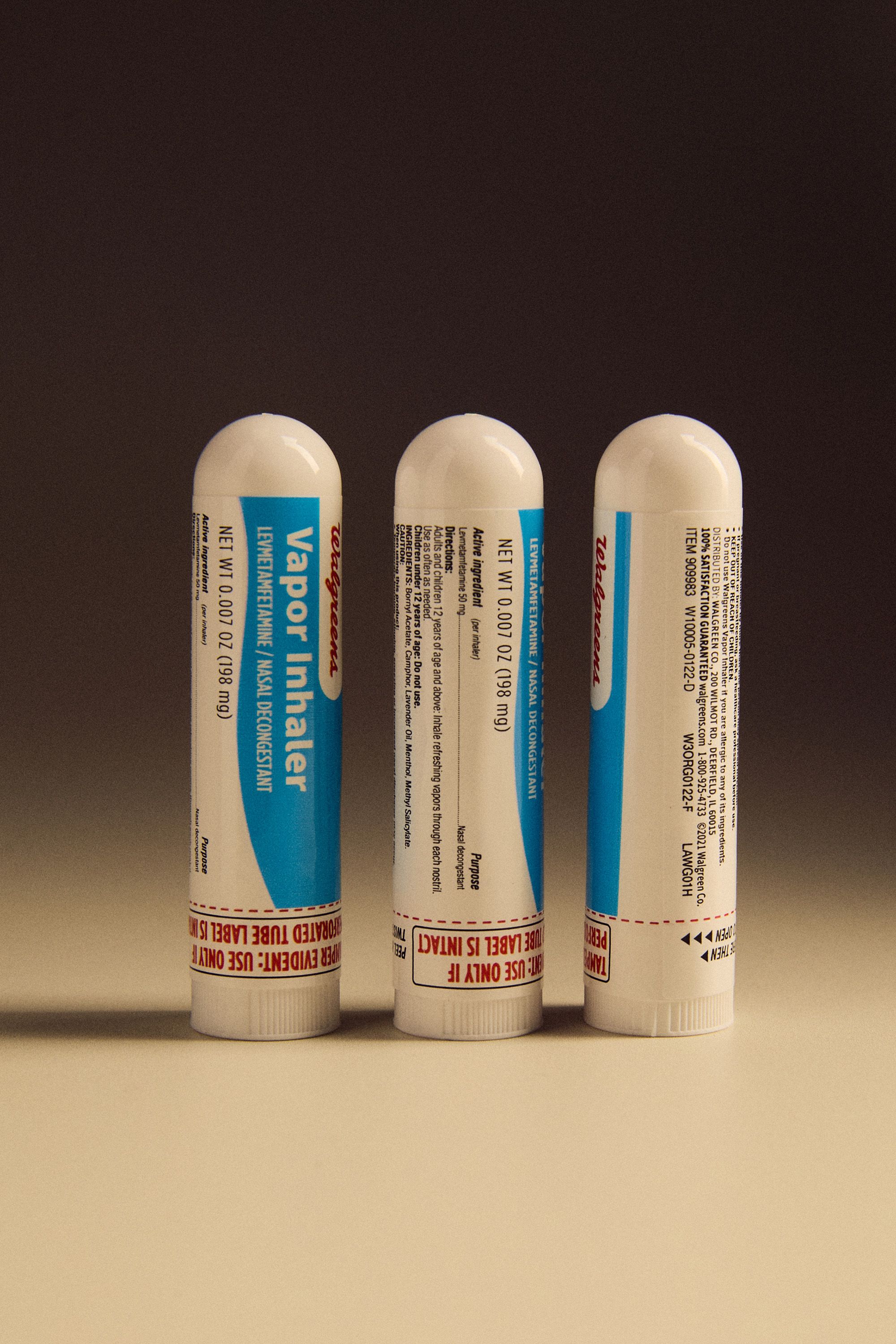 A studio shot of three Walgreens vapor inhalers. 