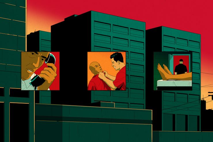 An illustration with dark teal, red, orange and yellow tones shows a complex of multistory jail buildings. From left to right, three boxes show a jail employee with medium skin tone with a phone up to his ear, two incarcerated men with medium and medium-light skin tones fighting, and the legs of an incarcerated person on a bed in the foreground and a correctional officer with his back turned in the background. 