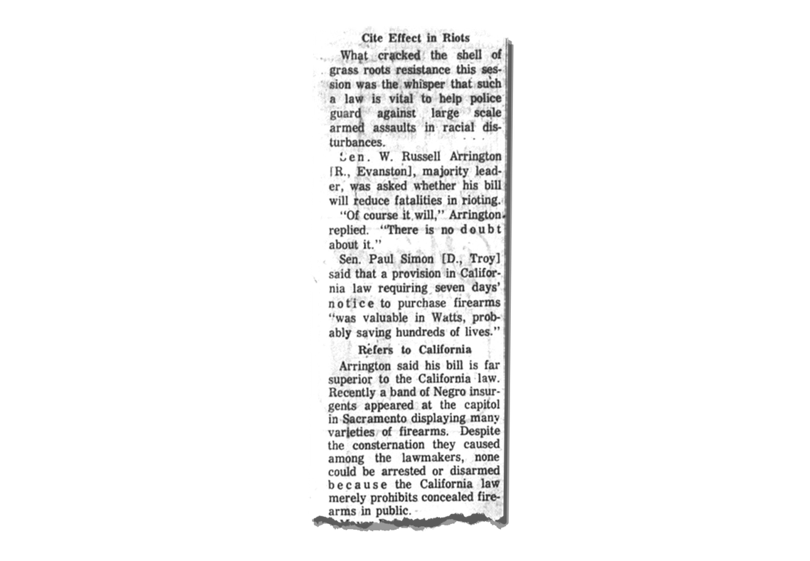 A Chicago Tribune news clipping cites a gun owner bill was passed to reduce rioting and to aid police against racial disturbances. 