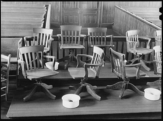 The jury area of a courtroom in Franklin, Georgia in 1941.