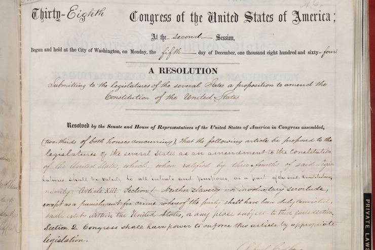 The joint resolution proposing the Thirteenth Amendment to the United States Constitution was ratified December 6, 1865, and abolished slavery, except as punishment for a crime.