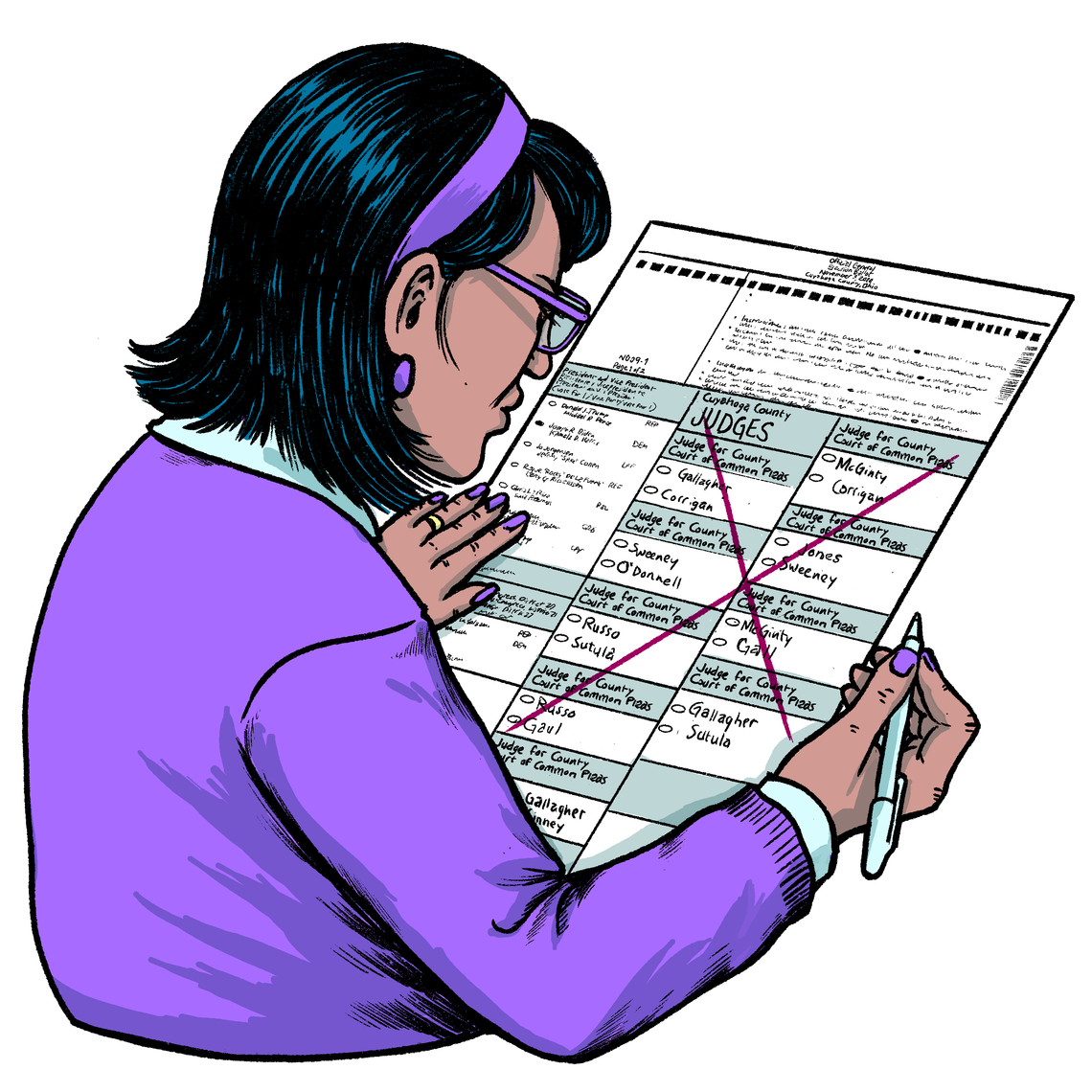 In an illustration, a woman wearing a purple sweater is holding a ballot. The section with choices to vote for judges is crossed out, and the bubbles for candidates unfilled. 