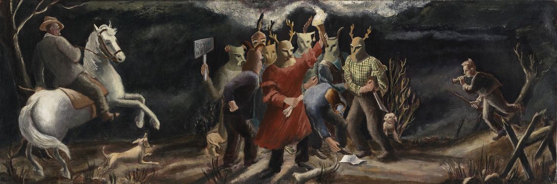 A painted artwork shows a group of protesters with masks and antlers. One protester is holding a torch, while another holds a sign that reads "Down With Rent."