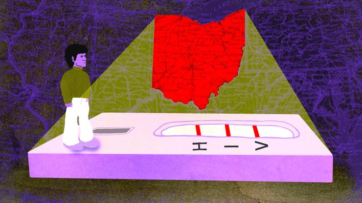 An illustration with a dark purple background shows a person with dark hair and purple skin tone standing on top of a large representation of an HIV test. A spotlight focusing on the person and the test beams from the state of Ohio, in red. 