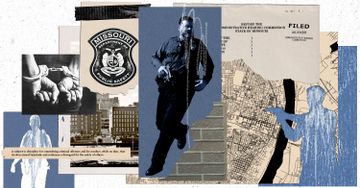 A blue, black and white collage shows images of police officers, silhouettes, two hands handcuffed, a logo of the Missouri Department of Public Safety, a map, a brick wall and clippings of a court case.