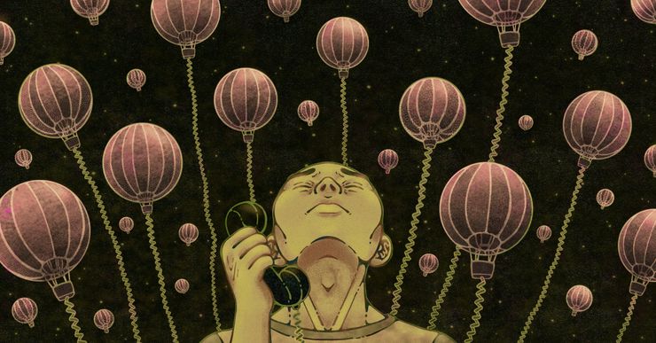 An illustration shows a White man holding a phone while looking up. Hot air balloons float in the background, connected to phone cords. 