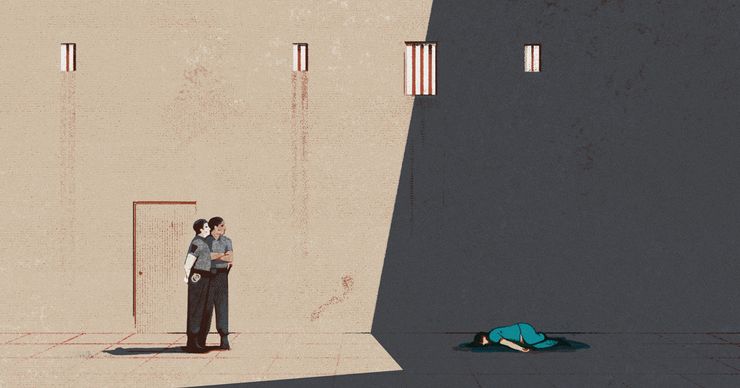 An illustration depicts two correctional officers dressed in gray shirts and black pants standing in front of a beige wall with barred windows high above them. At a distance in shadows lies the body of an incarcerated person wearing an teal prison jumpsuit crumpled on the floor.