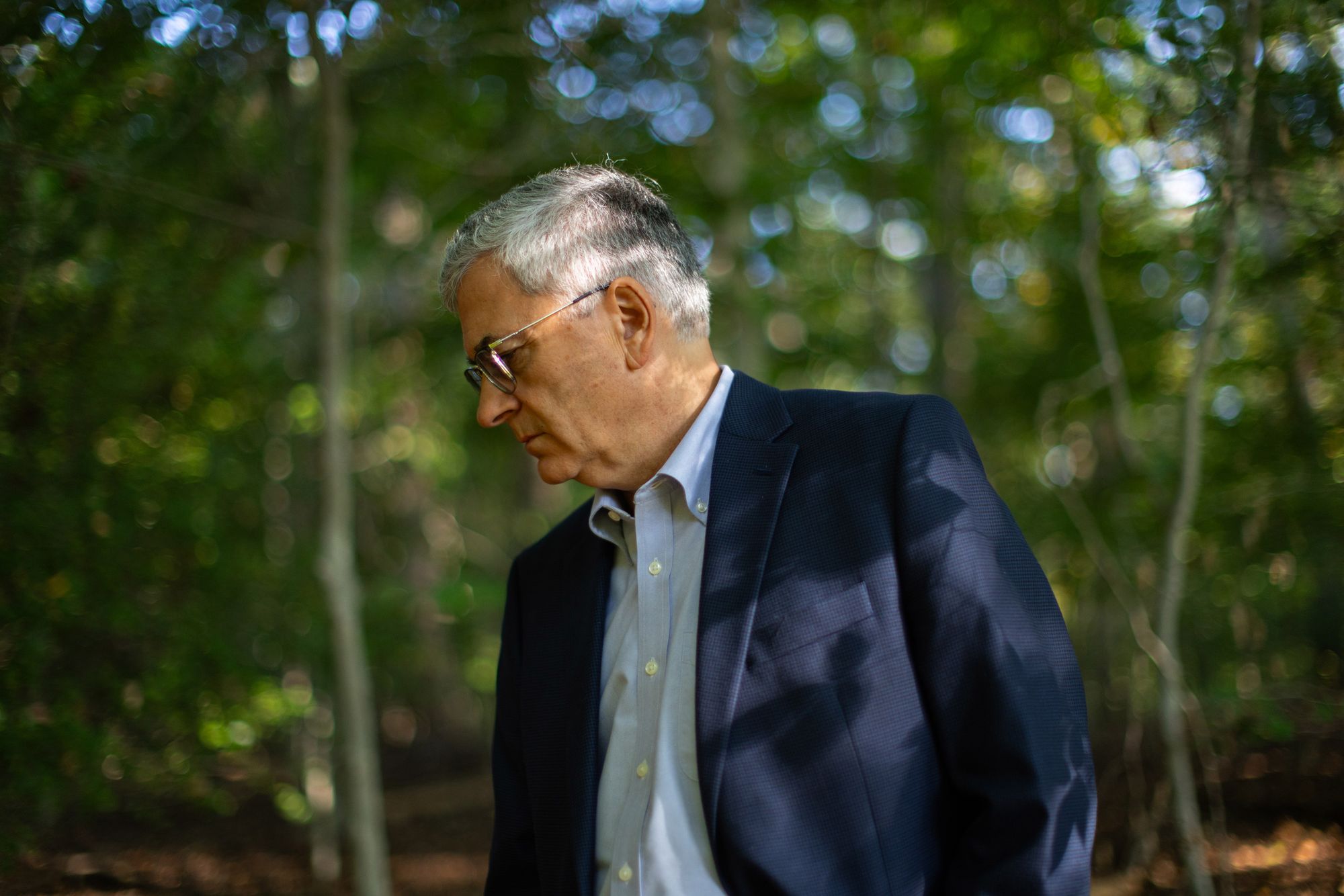 A photo shows an older White man with gray hair and glasses looking down while standing in a forest. The man is wearing a navy blue blazer and a blue button-down shirt.