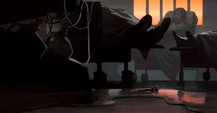 An illustration shows three people on patient beds inside a dark room, with the orange sky visible through the window. On the right side, there are dark silhouettes of dialysis machines and tubes with puddles of water on the floor.