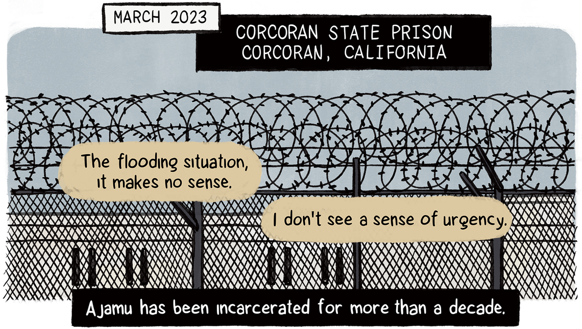 A fence with razor wire stands outside Corcoran State Prison in California in March 2023, and an unseen incarcerated man named Ajamu, who has been behind bars for over a decade, says: “The flooding situation, it makes no sense. I don't see a sense of urgency.” 