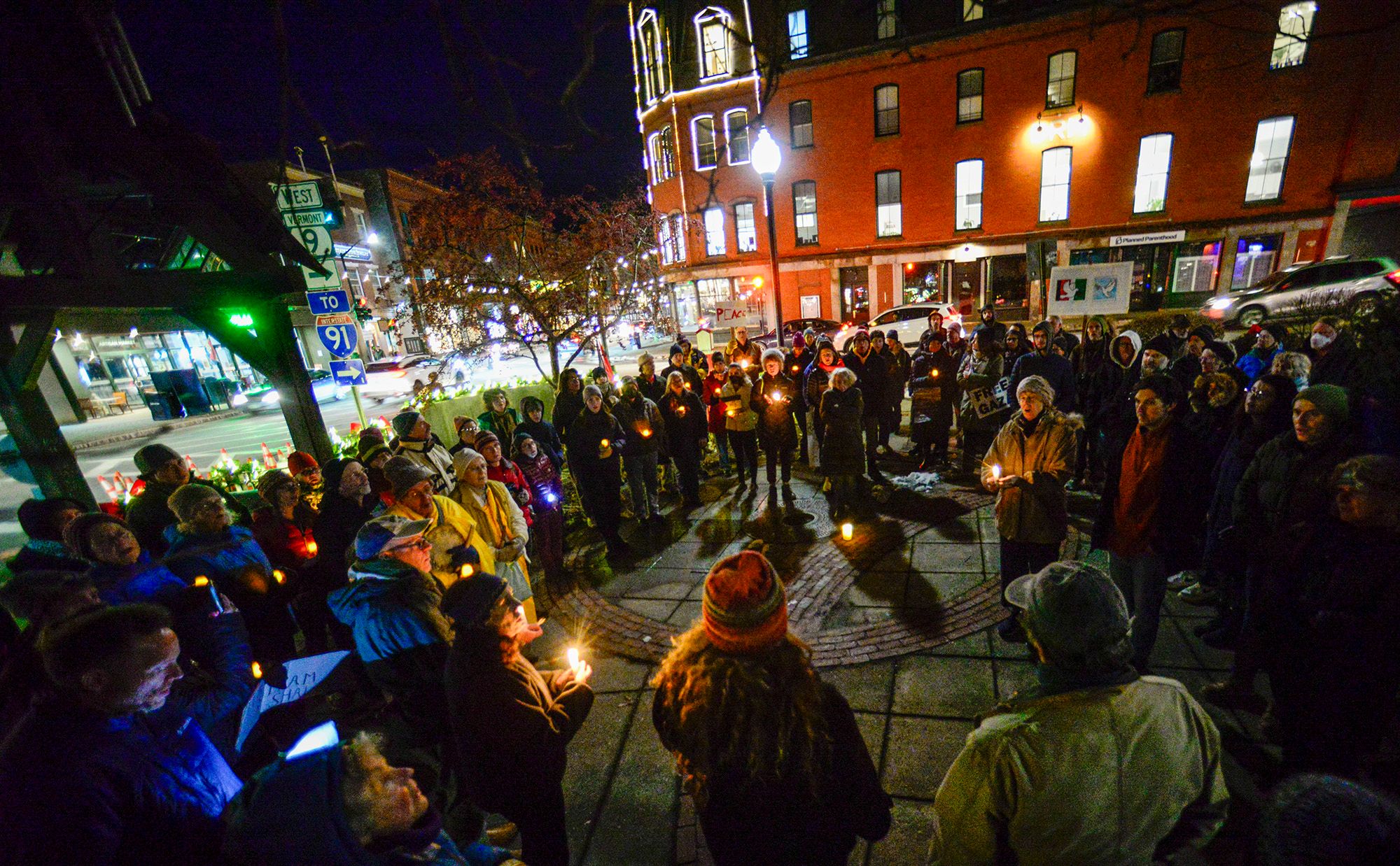 People in Brattleboro, Vermont held a vigil on Nov. 27 for three college students of Palestinian descent who were shot on Nov. 25 while walking to a gathering in Burlington. 