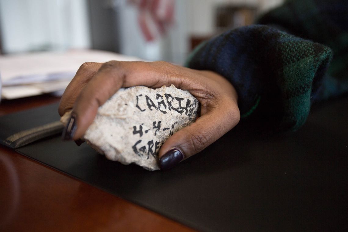 Foxx with a fragment of brick from the Cabrini-Green housing project where she once lived. 
