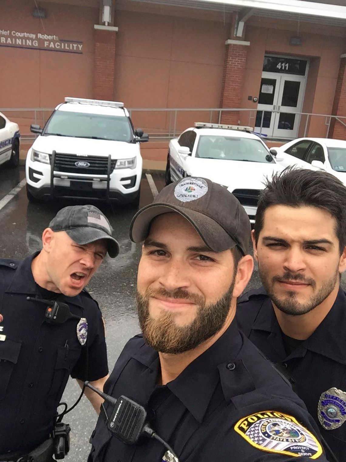 A photo posted on Facebook by the Gainesville Police Department showing officers, from left, John Nordman, Michael Hamill and Dan Rengering. It was widely shared with comments praising the officers’ looks. 