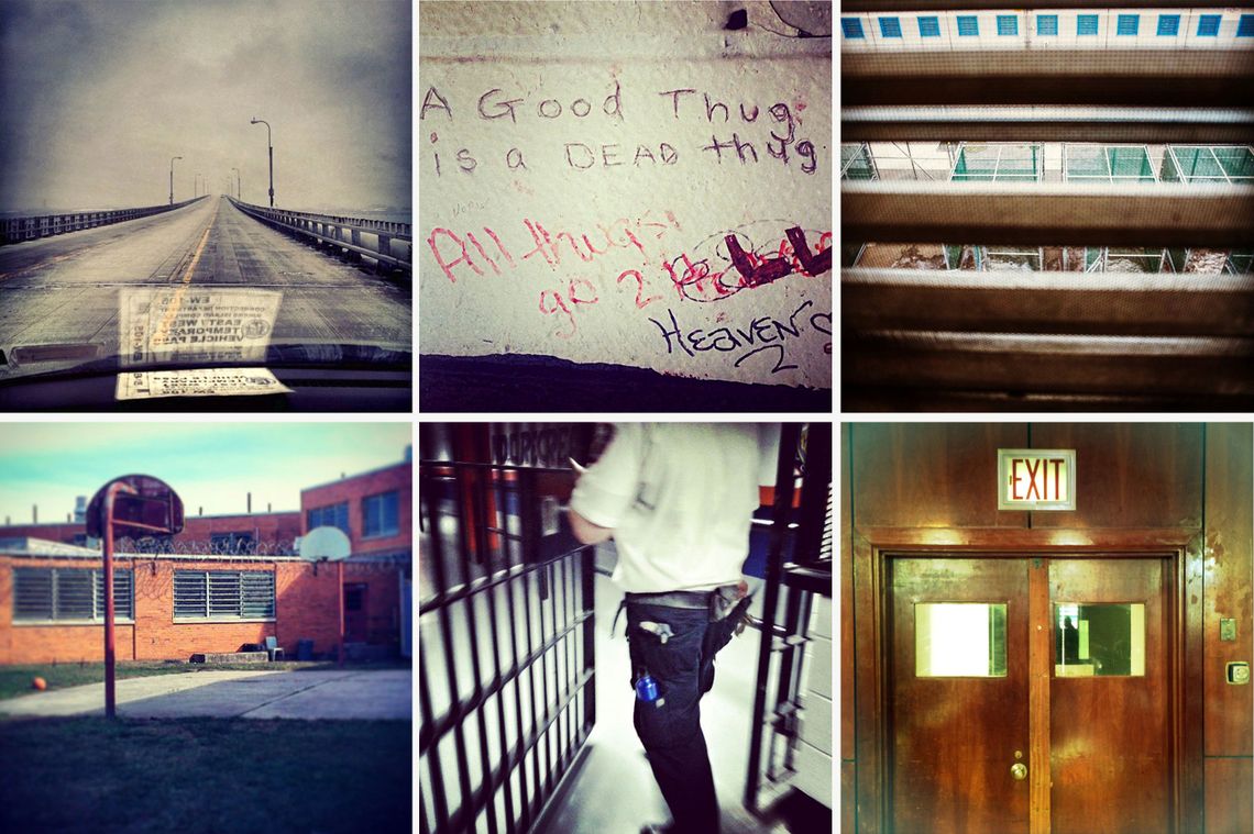 The view from Instagram. Clockwise from left: The bridge to Rikers; bathroom graffiti inside the visitors center; the new maximum-security wing; the entrance to a chapel; a correction officer at an adolescent unit; an exercise and recreation area.