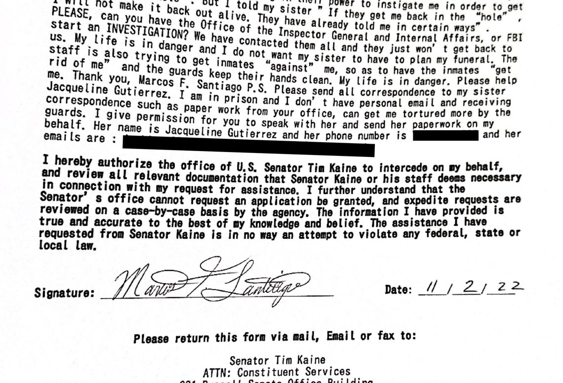 A typed letter describing the danger and fear by Marcos Santiago about his experience at USP Lee. The letter ends with Santiago’s signature. 