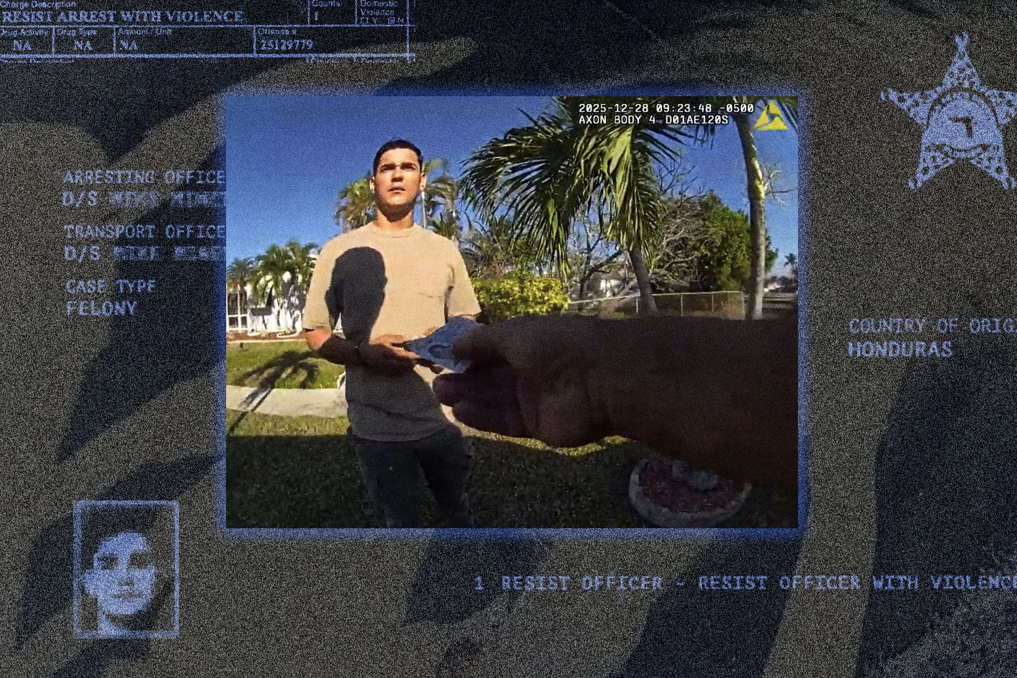 A photo illustration shows a still image from police bodycam footage, with a man with a medium skin tone handing his driver’s license to a deputy, and excerpts of records in blue and black tones.  