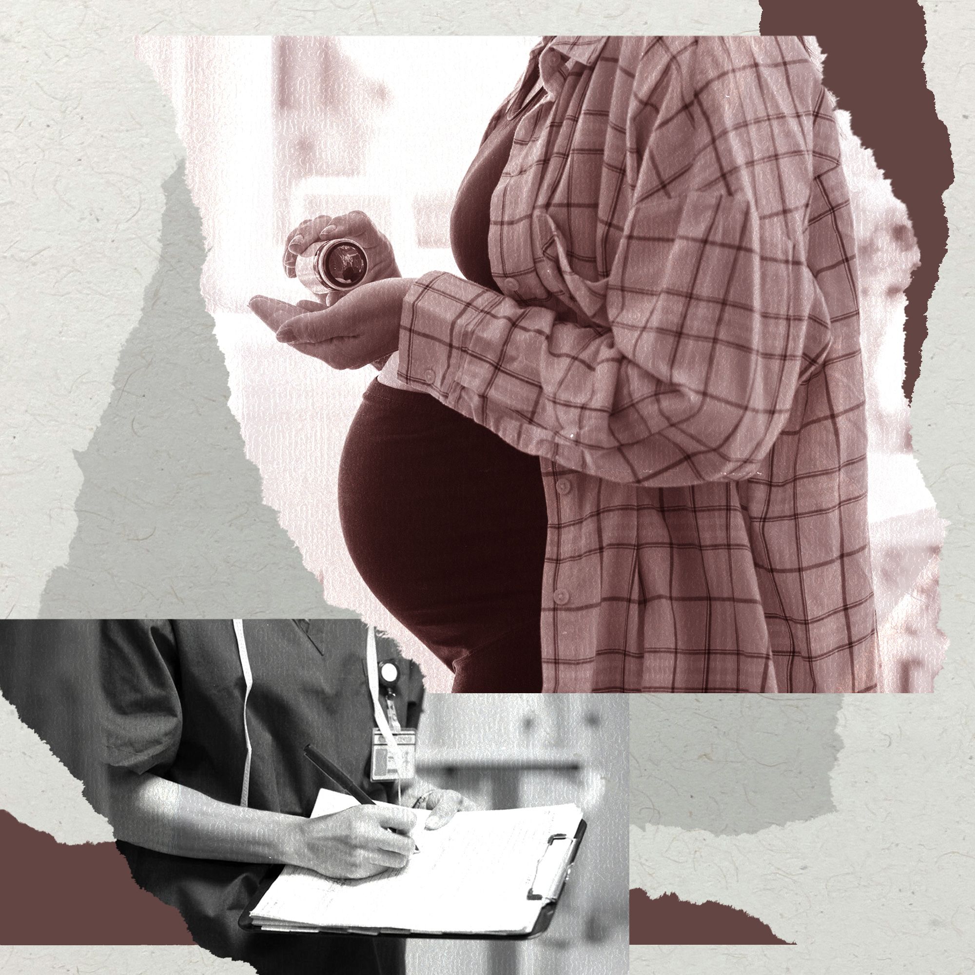 A collage shows images of a doctor writing on a clipboard and a pregnant woman taking pills out of a bottle. 