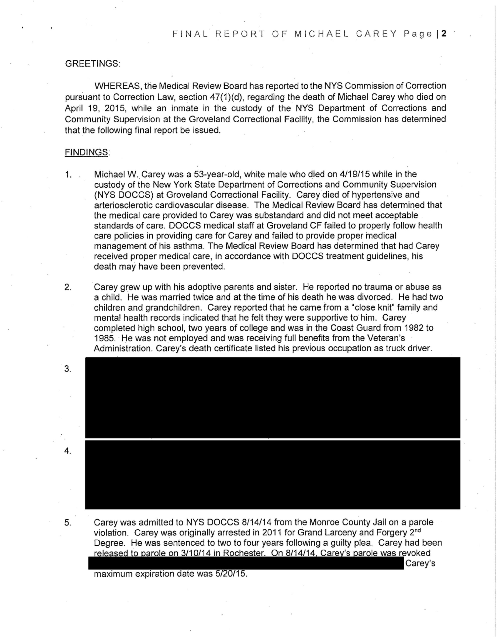 A page of text (number two of nine) in a report on Michael Carey’s death shows redactions in the form of black rectangular blocks over text. 
