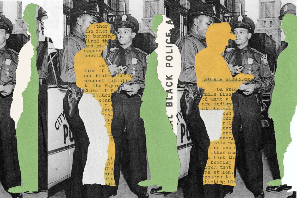 A collage with ripped paper-style cutouts of silhouettes of police officers in orange and green over a black-and-white background photo of two police officers standing next to each other. 