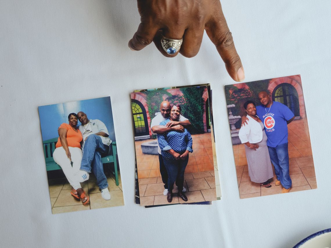 Raymond and Cassandra in three pictures of them together during visits in prison. Raymond points at the picture on the right.