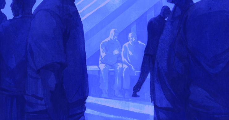 An illustration in shades of blue shows two incarcerated people sitting on a bench in the background, while six incarcerated people stand on the left and right sides of the foreground.