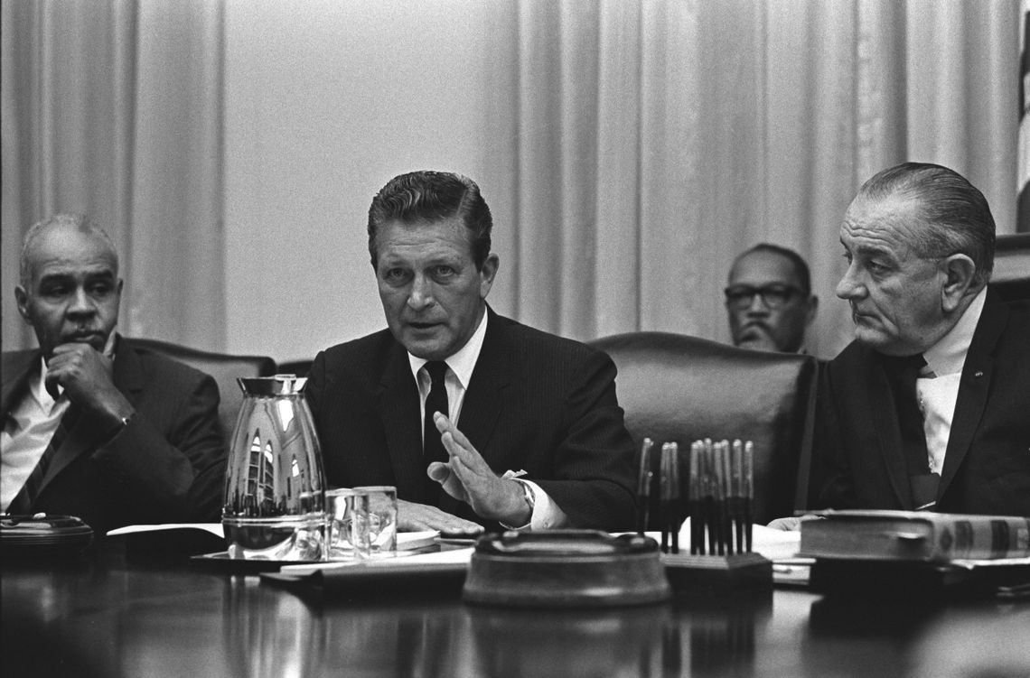 From left, Roy Wilkins, Gov. Otto Kerner of Illinois, and President Lyndon B. Johnson in July, 1967. 
