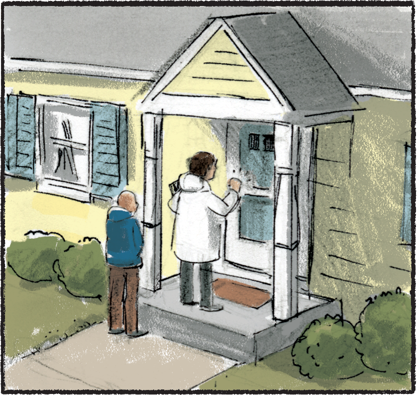 Baldwin stands outside a small home, knocking on the door, while one step down behind her, Chammah stands observing. 