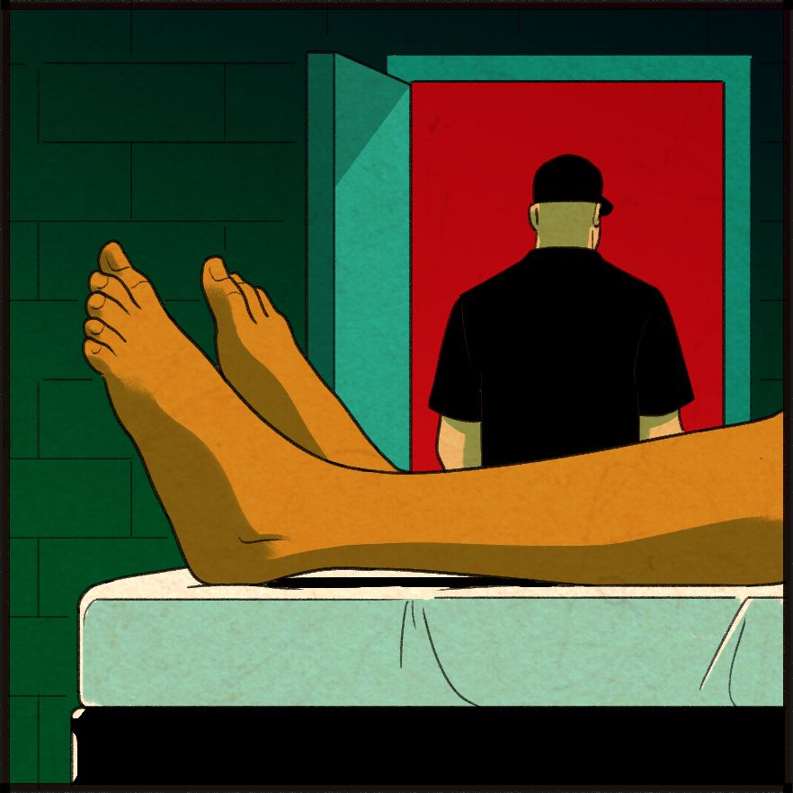 An illustration shows the legs of an incarcerated person on a bed in the foreground and a correctional officer with his back turned in the background. 