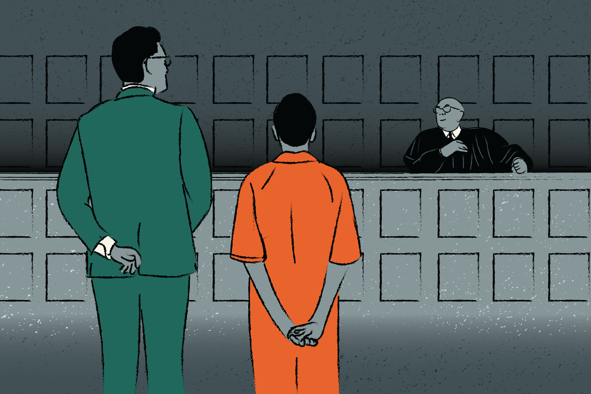 Illustration of a courtroom scene. Standing before a judge, with their backs to the viewer, are a man in a suit and a juvenile in an orange jumpsuit.