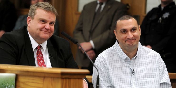 Christopher Tapp, right, and public defender John Thomas at a hearing at the Bonneville County Courthouse in Idaho that allowed Tapp to leave prison in 2017. 