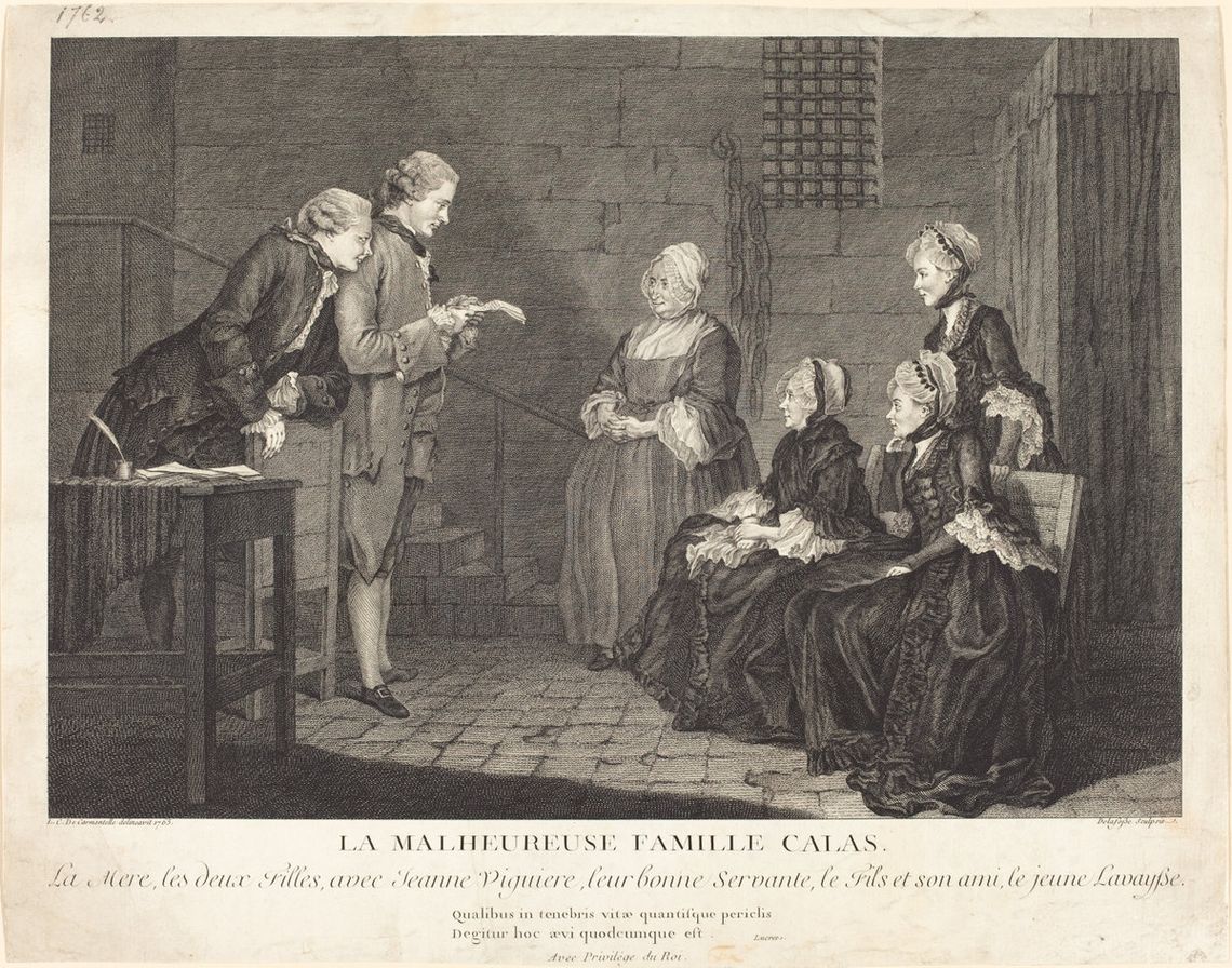 To raise money for the Calas family, prints were sold in Europe depicting the case. In this scene, Gaubert Lavaysse, a visitor at the Calas house the night Marc-Antoine died, reads aloud a defense document as Pierre Calas looks over his shoulder and Jean Calas’s servant, daughters and wife listen.
