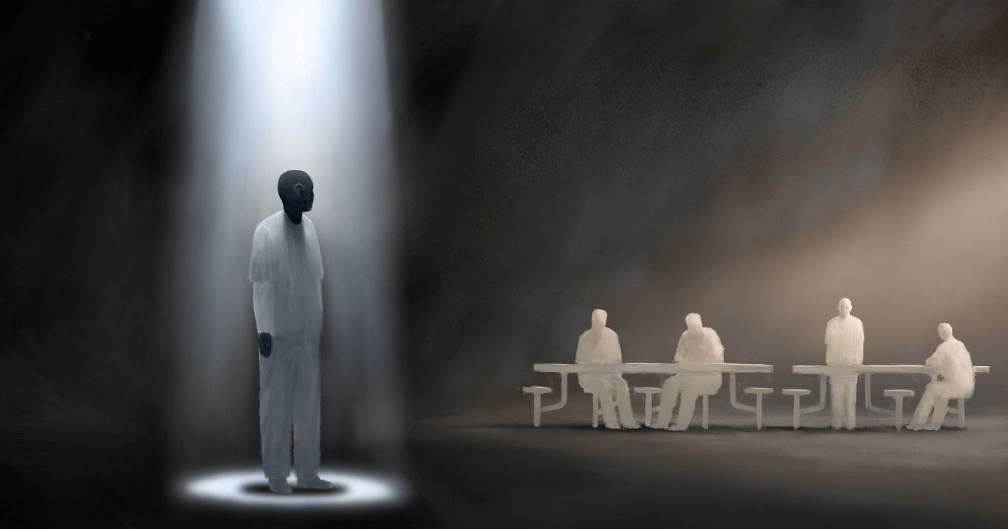 An illustration shows a person wearing a gray prison uniform standing in a spotlight. The person looks toward the background where four people sit at cafeteria tables in a white silhouette.