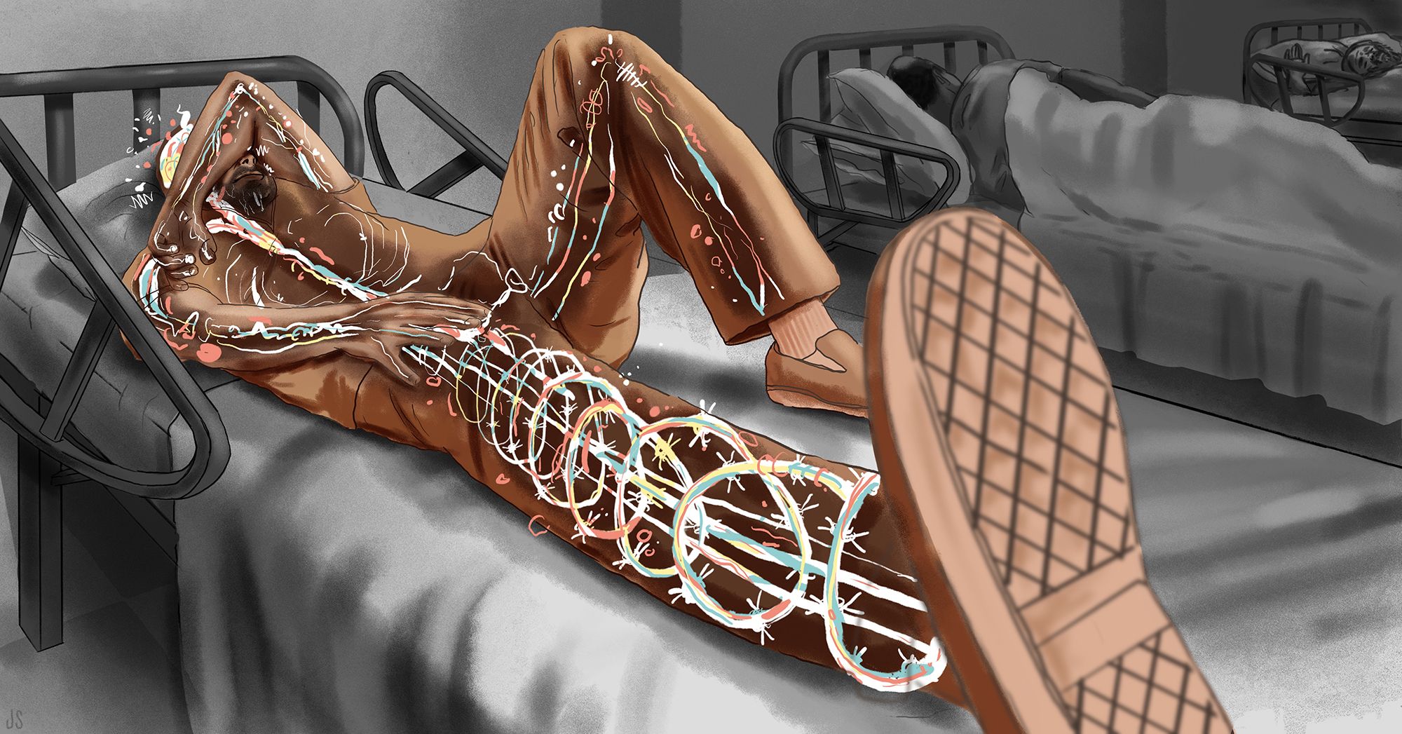 An illustration shows an incarcerated man laid on a hospital bed with one arm covering their face and one leg propped up. The patient's silhouette is colored in brown, and the rest of the room is in grayscale. Orange, white, blue and orange squiggly lines represent a tingling sensation inside the patient's body. 