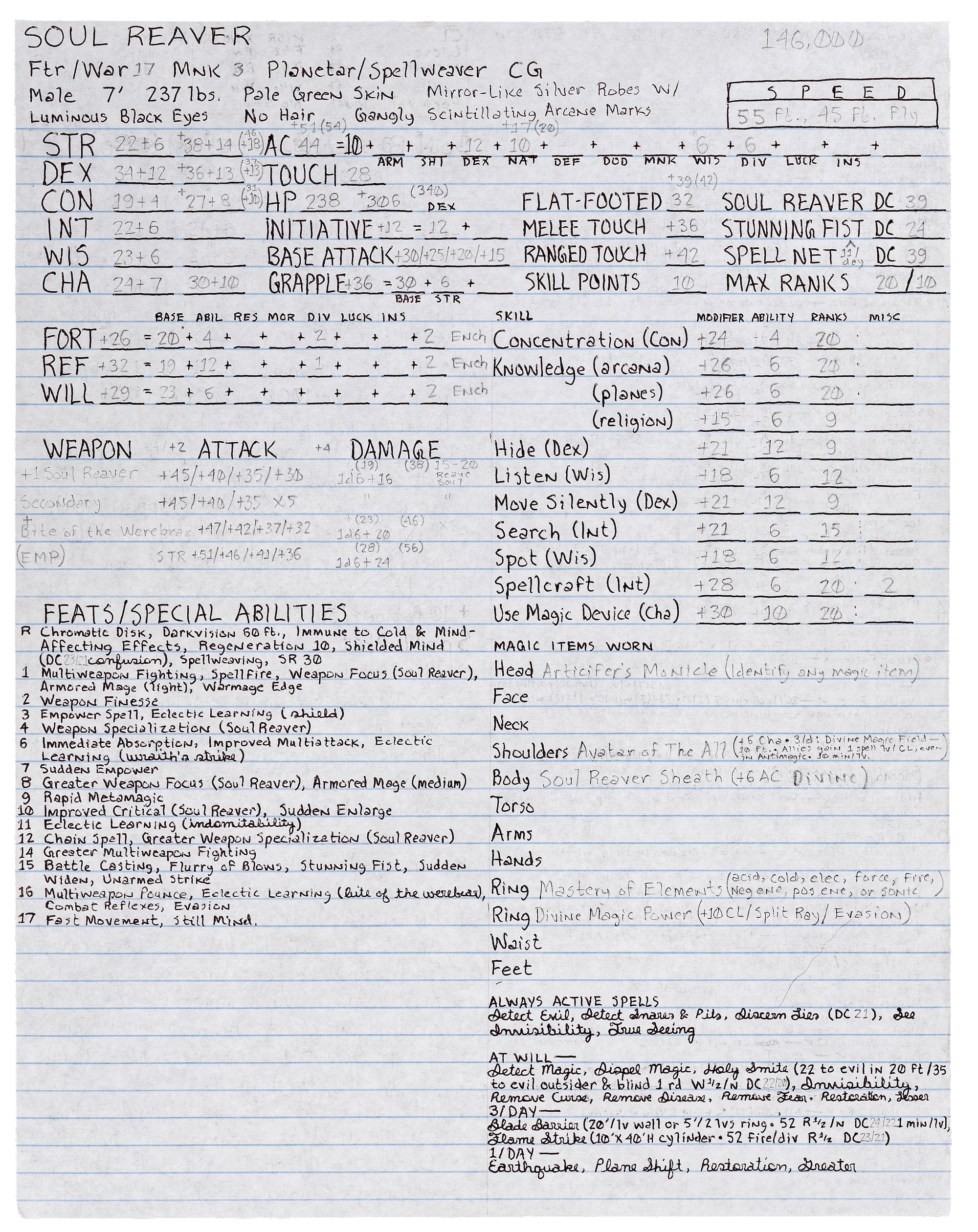 A page with the name “Soul Reaver” is written at the top. The sheet contains the character’s feats and special abilities, which correspond to added attack points or damage points. Some of those abilities include “Empower Spell,” “Greater Multiweapon Fighting”, and “Fast Movement, Still Mind”. 