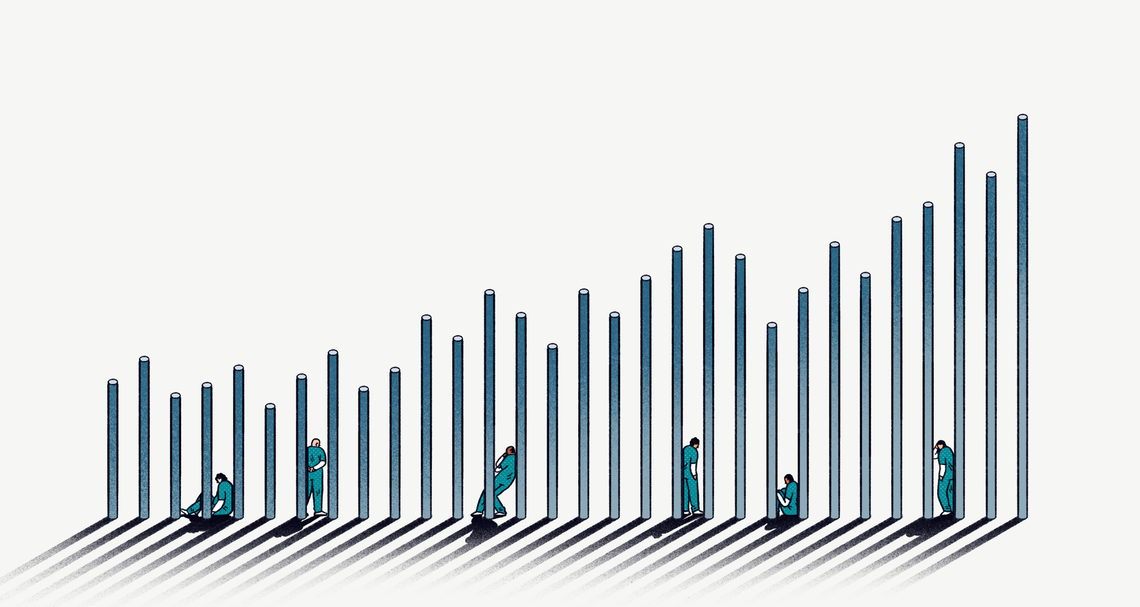 An illustration shows a bar graph with bars of varying heights. Leaning at the base of some of the individual bars are figures of people dressed in teal-colored jumpsuits. The bars and the people cast shadows at an angle on the ground.  